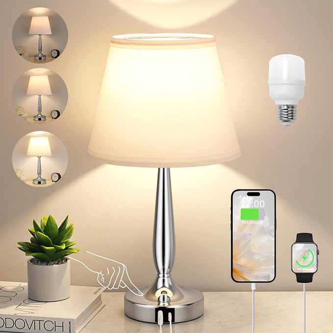 Kakanuo Touch Table Lamp for Bedroom, Small Bedside Lamp with USB C Charging Port, 3 Way Dimmable Touch Control Nightstand Lamp for Living Room and Office, White Shade and Silver Base