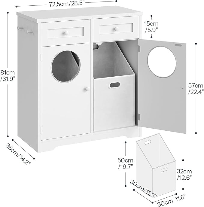 HOOBRO Double Laundry Hamper Cabinet, Hidden Laundry Cabinet with 2 Drawers & 2 Baskets, 20 Gallon Farmhouse Bathroom Laundry Hamper with 2 Clothes-Toss Holes, White WT36XY01