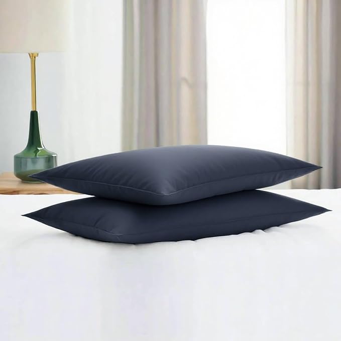 Flat Ultra Thin Bed Pillows Standard Size Pillow Set of 2 Extra Soft Down Alternative for Stomach Back Sleeper Dark Blue 20x26inches
