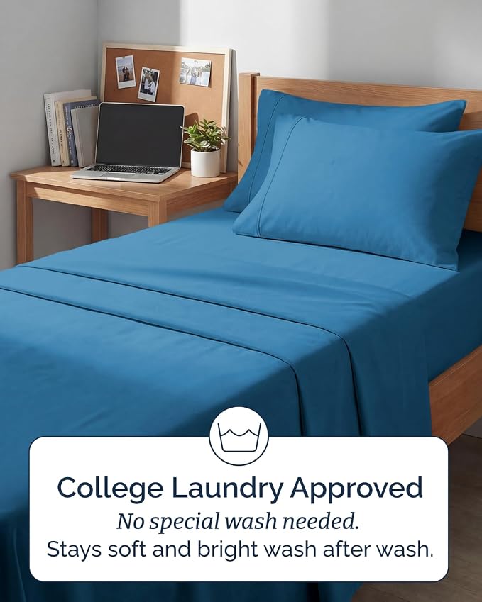 Extra Deep Twin XL Sheet Set - 4 Piece College Dorm Room - Denim Blue | College Dorm Room Essentials, Easy & Secure Fit, Ultra-Soft, Wrinkle & Fade Free, Comfy Sheets Set with Extra Deep Pockets
