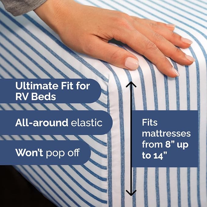 Short Queen Size 4 Piece Bed Sheet Set - RV Short Queen - Blue Stripes | Ultra-Soft, Breathable & Cooling Bed Sheets Set with Deep Pockets, Hotel Luxury Bedding for Women & Men, Wrinkle & Fade Free