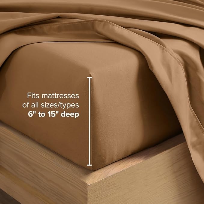 Bare Home Queen Sheet Set - 1800 Ultra-Soft (Queen, Caramel) | Deep Pockets 6 to 15 Inches, Breathable, Hypoallergenic, Hotel Luxury, Easy Fit, Soft, All-Season