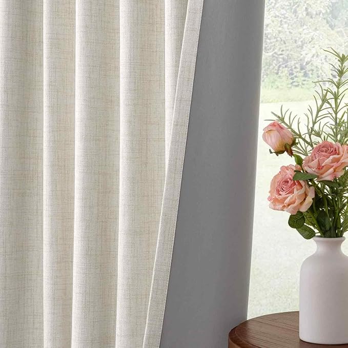 INOVADAY 100% Blackout Linen Curtains for Bedroom 50x90 Inches Beige | Linen Textured, Light Blocking, Room Darkening, Thermal Insulated, Back Tab Top, Window Curtains for Living Room, 2 Panels