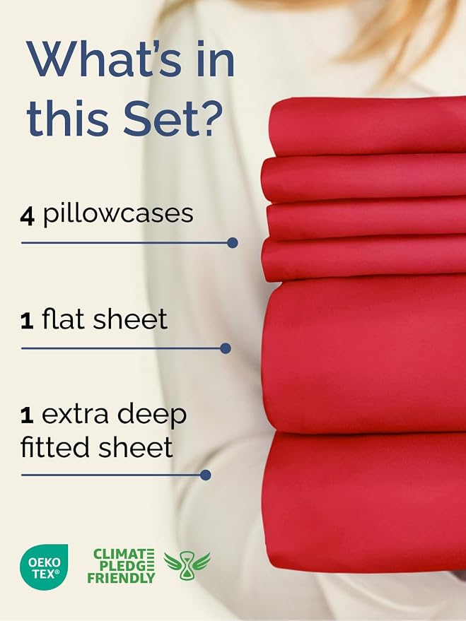 Extra Deep Full Sheet Set - 6 Piece Breathable and Cooling Sheets - Red | Hotel Luxury Bed Sheets Set, Easy & Secure Fit, Ultra-Soft, Wrinkle & Fade Free, Comfy Sheets Set with Extra Deep Pockets