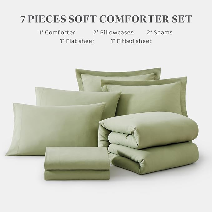 King Size Comforter Set- 7 Pieces Prewashed Bed in a Bag King Bedding Sets | Soft All Season Comforter with Sheets, Pillow Shams & Pillowcases, Sage Green