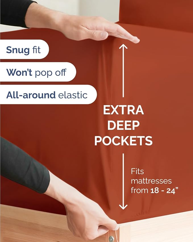 Flex Top Split Head King Sheet Set - 4 Piece Extra Deep Sheets - Terracotta | Easily Fits 18 to 24 inch Mattress, Ultra Soft, Wrinkle & Fade Free with Extra Deep Pockets, Comfy Hotel Luxury Bedding