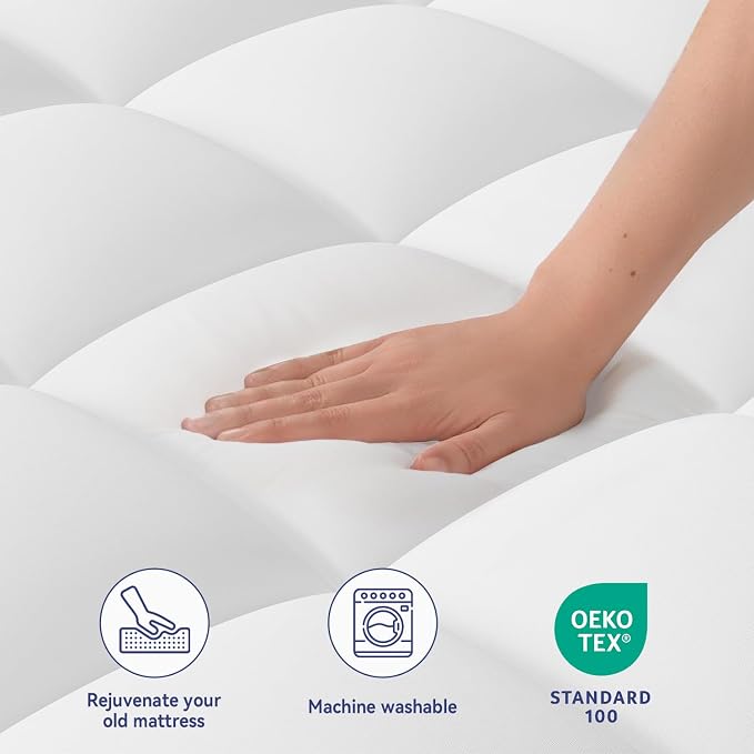 ELEMUSE RV Short King Mattress Topper, Thick Pillow Top Mattress Pad | Plush comfort with overfilled fill. Deep pocket fits RV short king beds, an RV essential for campers, motorhomes and trailers