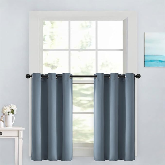 Yakamok Stone Blue Room Darkening Window Curtains 42x36 Inch for Kitchen | Grommet,Thermal Insulated ,Blackout Curtains Drapes,Blocks some light adds privacy,Living room Bathroom,2 Panel Valance
