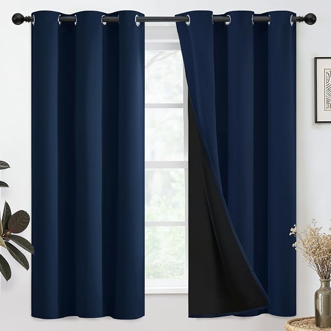 SimpleHome Navy Blue 100% Blackout Curtains Room Darkening Living Room 63 | Curtains for Bedroom,Thermal Insulated Grommet Window Drapes,Curtains for Living Room with Black Back,38 x 63 Inch,2 Panels