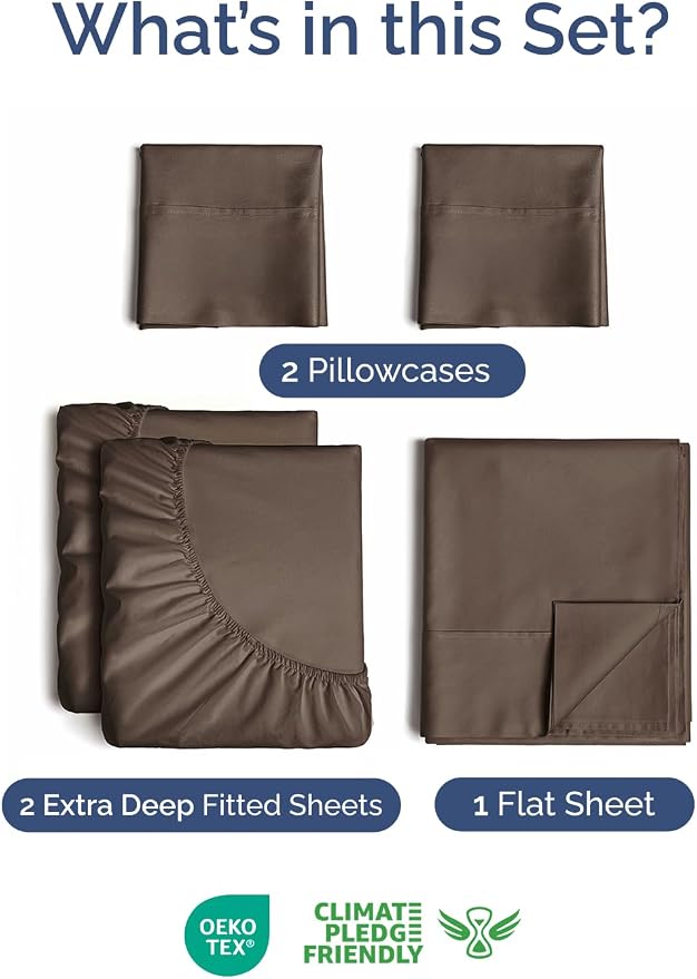 Extra Deep Split King Sheet Set - 5 Piece Breathable Cooling Sheets - Brown | Easily Fits 18 to 24 inch Mattress - Ultra Soft, Wrinkle & Fade Free with Extra Deep Pockets - Comfy Hotel Luxury Bedding