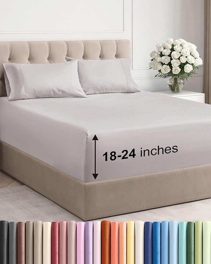 Extra Deep Queen Sheet Set - 4 Piece Breathable Cooling Sheets - Light Grey | Easily Fits 18 to 24 inch Mattress - Ultra Soft, Wrinkle & Fade Free with Extra Deep Pockets - Comfy Hotel Luxury Bedding