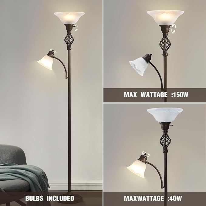 GyroVu Torchiere Floor Lamp for Living Room, LED Standing Reading Light | Glass Lampshade,72" Vintage Tall Lamps for Bedroom Corner Home Office, Bulbs Included