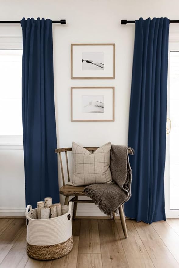 Faux Linen Total Blackout Curtains for Bedroom 96 Inch Long Midnight Blue | 100% Blackout Shield, Back Tab/Rod Pocket Living Room Drapes, Thermal Insulated Blackout Curtains 2 Panels Set, 50"W x 96"L
