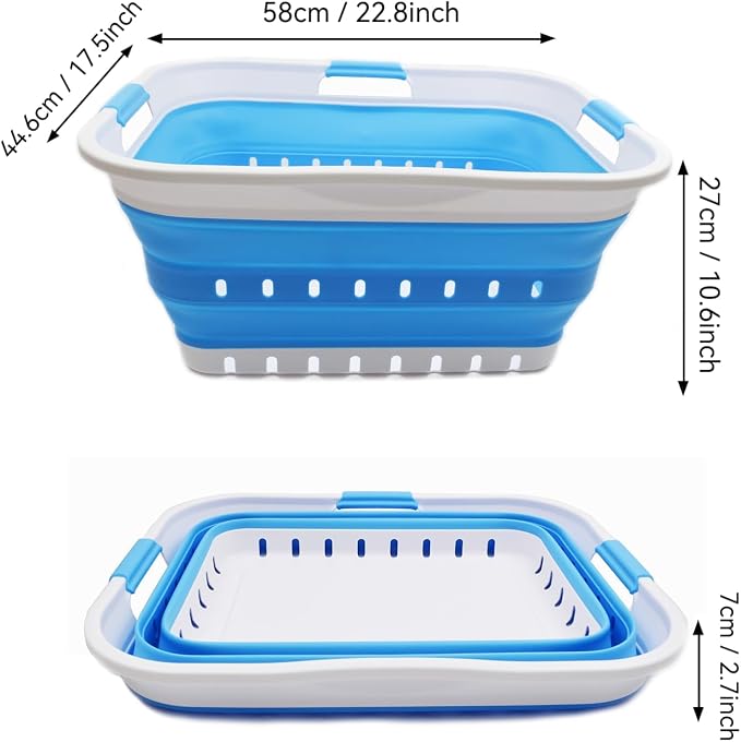 SAMMART 42L (11 gallon) Collapsible Plastic Laundry Basket - Foldable Pop Up Storage Container/Organizer - Space Saving Hamper/Basket (1, White/Marine Blue)