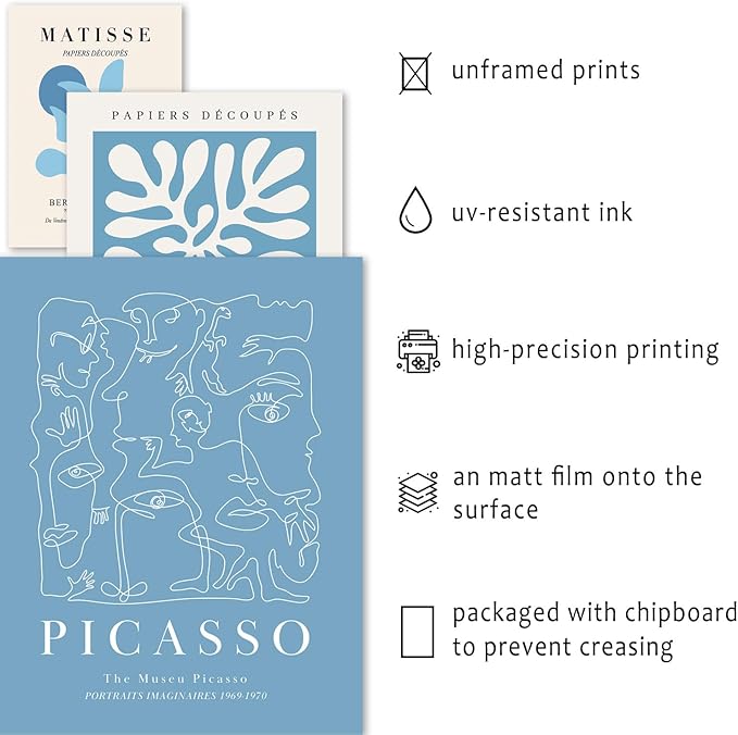 16 PCS Blue Wall Art Decor, Matisse Gallery Wall Prints for Bedroom, Light blue posters for Room Aesthetic, Collage Kit Pictures for Living Room, Teen Girls Dorm Home Artwork
