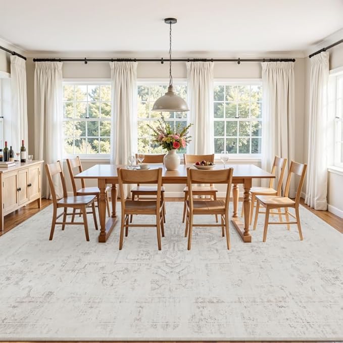 6x9 Area Rugs Living Room: Bedroom Washable Carpet Neutral Cream | Large Vintage Boho Indoor Decor Carpets Soft Nursery Farmhouse Dining Room Office Floor Non-Slip Low Pile Under Table Rug