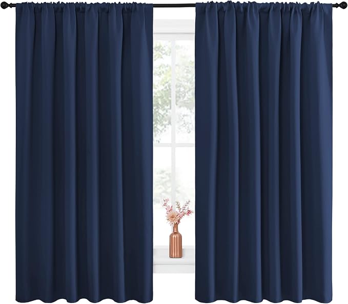 NICETOWN Blackout Curtains for Bedroom, Blackout Draperies, Home Decorations Thermal Insulated Solid Rod Pocket Blackout Drapes for Cafe (Navy, One Pair, 70 x 63-inch)