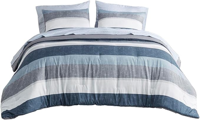 Madison Park Essentials Jaxon Full Size Comforter Set, Bed in A Bag Comforter & Sheet Set, Modern Casual Stripes Print, All Seasons, Soft Microfiber Bedding Makeover, Sham, Full, Blue/Grey 7 Piece