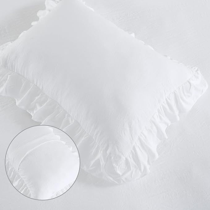 CAROMIO Ruffle Duvet Cover King Size, 3PCS Soft Washed Microfiber Vintage French Country Duvet Cover Set with Button Closure, White, 104x90 in