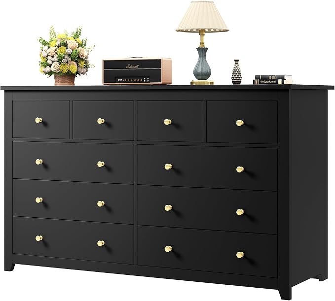 EnHomee Black Dresser for Bedroom with 10 Drawer, Multi-Layer Organization | Modern Wood Chest, 52"W TV Stand Versatile for Living Room Entryway Closet, Metal Frame and Handles, Smooth Glides, Anti-Tip