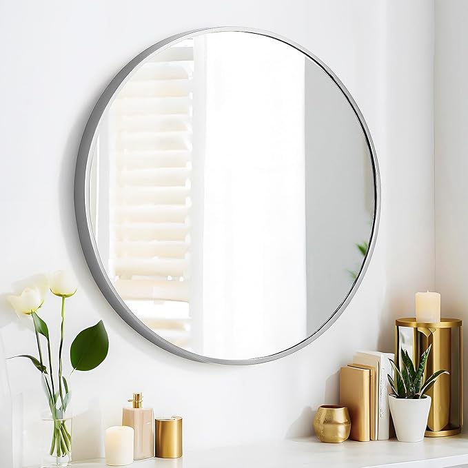 SCWF-GZ 24" Round Mirror Circle Wall Mounted Hanging/Against Wall Silver | HD Crystal Clear No distortion Tempered Glass,Aluminum Frame,Make-Up Mirrors for Bedroom,Entryway,Bathroom,Living Room