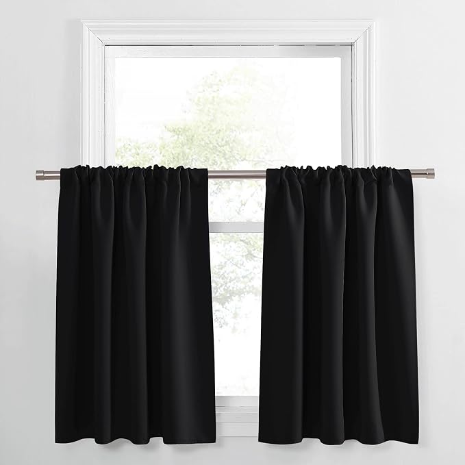 PONY DANCE Blackout Short Window Curtain Panels 30 inch Long - Thermal Insulated Rod Pocket Drapes for Bedroom Dorm Storage Cabinet Basement Farmhouse Decor, Black, W 34 x L 30 inches, 2 Panels
