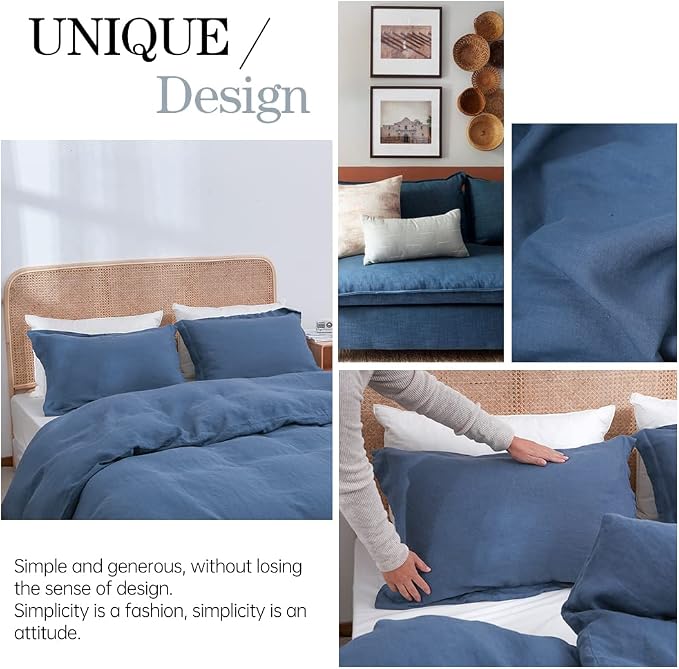 Simple&Opulence 100% Linen Duvet Cover Set 3pcs Basic Style Natural French Washed Flax Solid Color Soft Breathable Farmhouse Bedding with Button Closure - Classic Blue, Queen