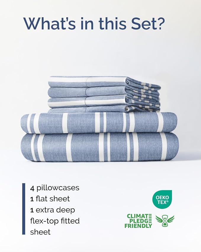 Extra Deep Flex Top Split Head King Sheet Set - 6 Piece Breathable and Cooling Sheets - Hotel Luxury Bedding for Women, Men, Kids & Teens - Easy Secure Fit - Extra Deep Pockets - Blue Stripes 3