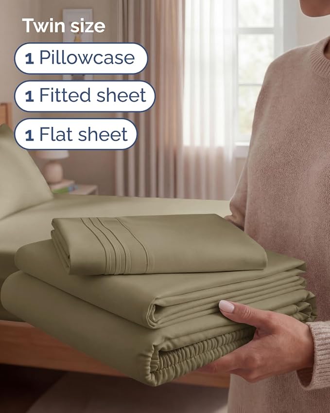 Twin Size 3 Piece Sheet Set - Comfy Breathable & Cooling Sheets - Khaki | Hotel Luxury Bed Sheets for Women & Men, Deep Pockets, Easy-Fit, Extra Soft and Wrinkle Free Sheets, Oeko-Tex Bed Sheet Set