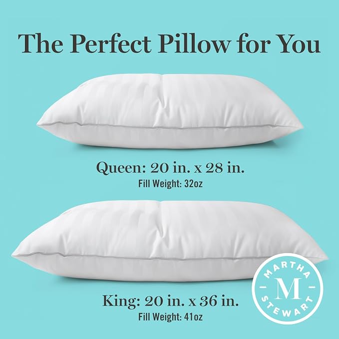 Martha Stewart Hotel Collection Pillow Queen Size Set of 2 | 500 Thread Count Damask Stripe Embroidered Feathers Soft Hypoallergenic 100% Cotton