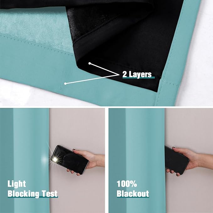 ChrisDowa 100% Blackout Curtains for Bedroom 63 Inches Long 2 Panels Set | 2 Thick Layers, Thermal Insulated, Light Blocking, Grommet, Window Treatment, Living Room Drapes, Aqua, 42 x 63 Inch