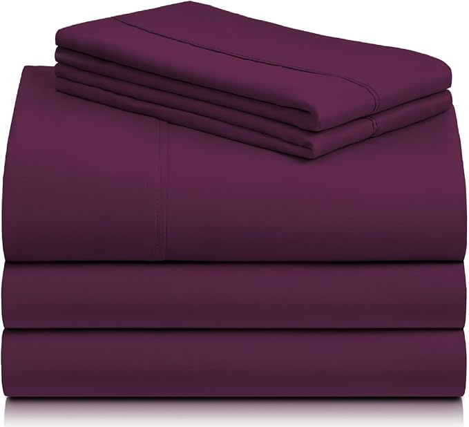 LuxClub 5 PC Split King Sheet Set, Deep Pockets Wrinkle Free Cooling Bed Sheets Hotel Bedding for Women, Men, Includes 2 Fitted Sheet, 1 Flat Sheet and 2 PillowcasesSoft Eggplant | LuxClub Silky Fitted Sheet & Pillowcase Sets, Breathable Hotel Luxury B...