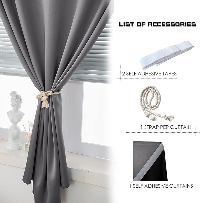 AJAZZ 100% Blackout Self Adhesive Curtains Small Window Short Temporary Black Out Curtains Easy to Install Used for Bedroom Kitchen Window Cover (Dark Grey, 35" W x 48" L 1 Panel)