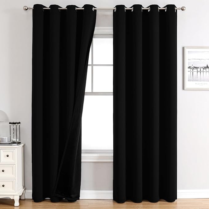 ChrisDowa 100% Blackout Curtains for Bedroom 95 Inches Long 2 Panels Set | 2 Thick Layers, Thermal Insulated, Light Blocking for Living Room, Grommet, Long Window Drapes, Black, 52 x 95 Inch