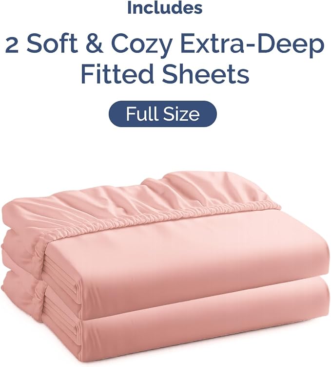 2 Pack Extra Deep Full Fitted Sheets with Extra Deep Pockets - Baby Pink | Hotel Luxury Bottom Fitted Sheets Only, Soft, Fade & Wrinkle Free, Breathable & Comfy, All Around Elastic Fitted Sheets