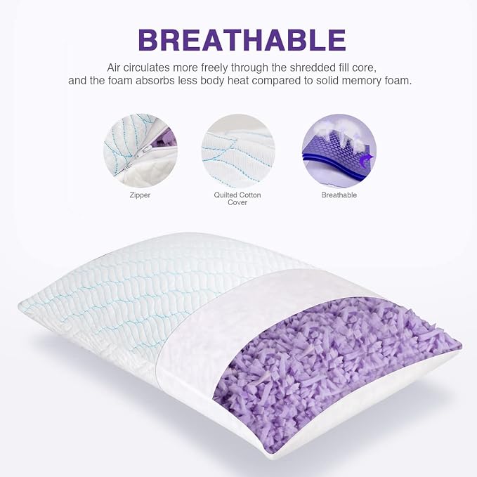 WISHSMILE Cooling Shredded Memory Foam Pillows Queen Size Set of 2 | Neck comfort, firm support, odorless, cooling, customizable height, machine washable, CertiPUR-US hypoallergenic bed pillow