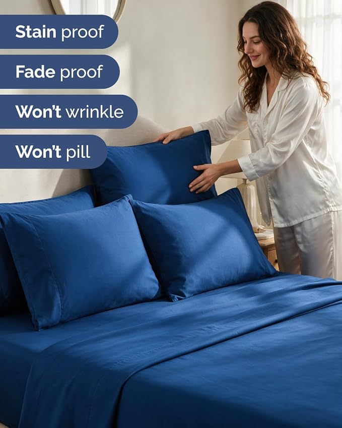 Cal King 6 Piece Bed Sheet Set - Breathable & Cooling Sheets - Dark Blue | Ultra-Soft Hotel Luxury Bedding Set with 8-16 Inch Deep Pockets, 1 Flat & 1 Fitted Sheet & 4 Pillowcases, Wrinkle & Fade Free
