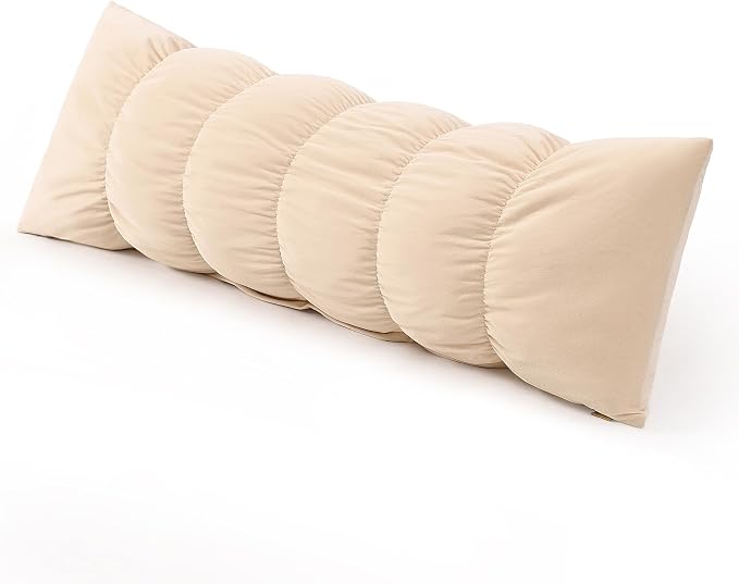 Pat. Pend. Segmented Body Pillow for Side Sleepers, 47 Inch, Beige | Full body pillow for adults with a removable, washable soft velvet cover; long bed pillow design for side sleeping.