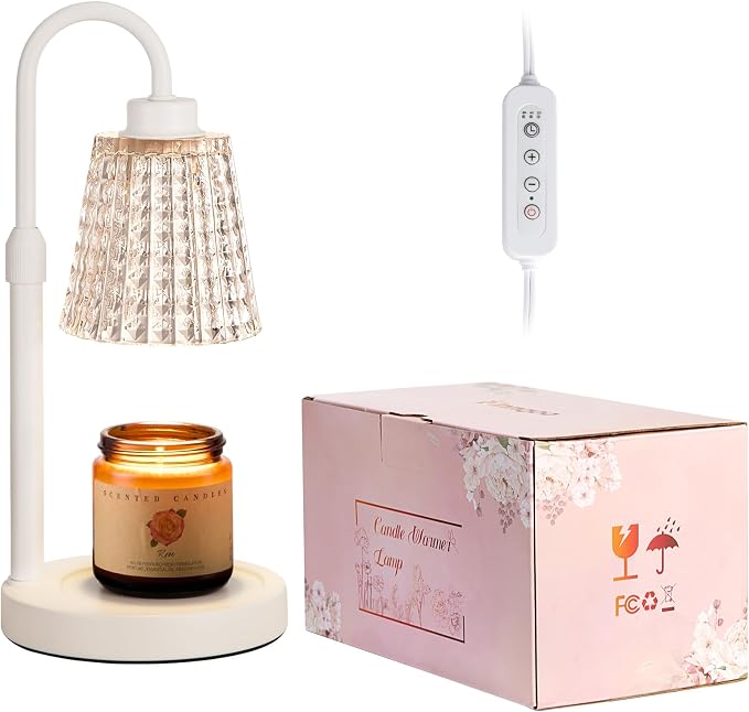 Innqoo White Crystal Candle Warmer Lamp with Timer, Dimmable Candle Warmer for Jar Candles, Height Adjustable Wax Melts Warmer, Birthday Gifts for Women Mom, House Warming Gifts New Home Decor