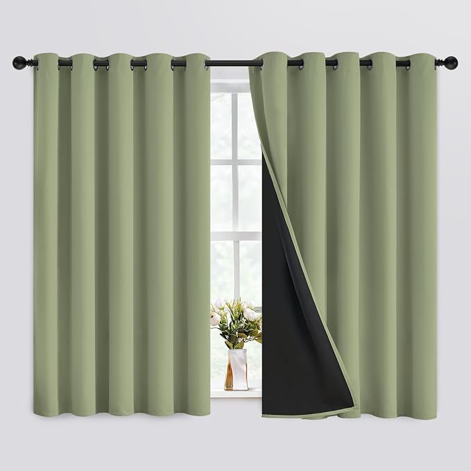 SimpleHome Sage 100% Blackout Curtains Room Darkening Living Room 63 Inch | Curtains for Bedroom,Thermal Insulated Grommet Window Drapes,Curtains for Living Room with Black Back,62 x 63 Inch,2 Panels