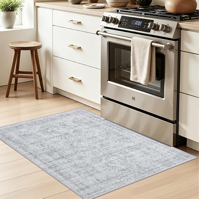 Washable Area Rugs 2x3: Neutral Living Room Bedroom Carpet Gray | Vintage Boho Soft Small Indoor Decor Floor Non-Slip Low Pile Neutral Farmhouse Entryway Laundry Bathroom Bedroom Beside Rugs
