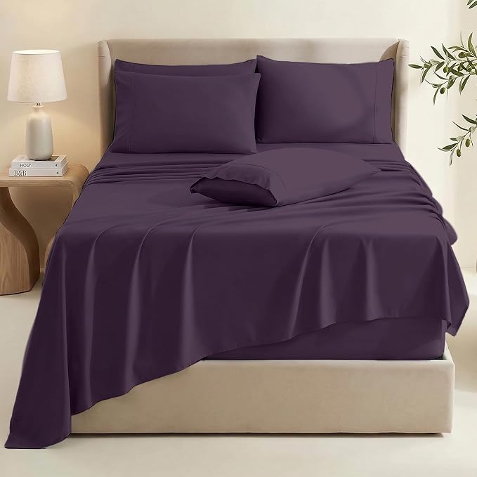 Hearth & Harbor Extra Deep Pocket Sheets - Fits Mattress 18-24 Inches Deep - Extra Deep Pocket Split King Size Sets - 7 Piece Split King Size - Eggplant