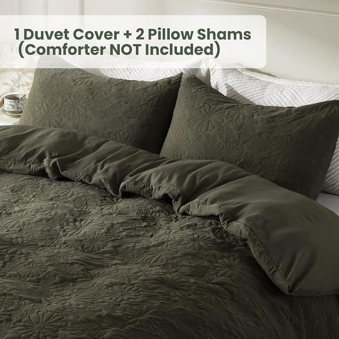 Super Soft Velvet Textured Duvet Cover Set King, 3 Pcs Floral Patterned Comforter Cover Set with Button Closure, Luxury Bedding Duvet Covers for All Seasons, 104 x 90 inches（Olive Green, King Size）