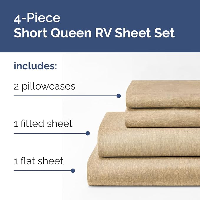 Short Queen Size 4 Piece Bed Sheet Set - RV Short Queen - Heathered Tan | Ultra-Soft, Breathable & Cooling Bed Sheets Set with Deep Pockets, Hotel Luxury Bedding for Women & Men, Wrinkle & Fade Free