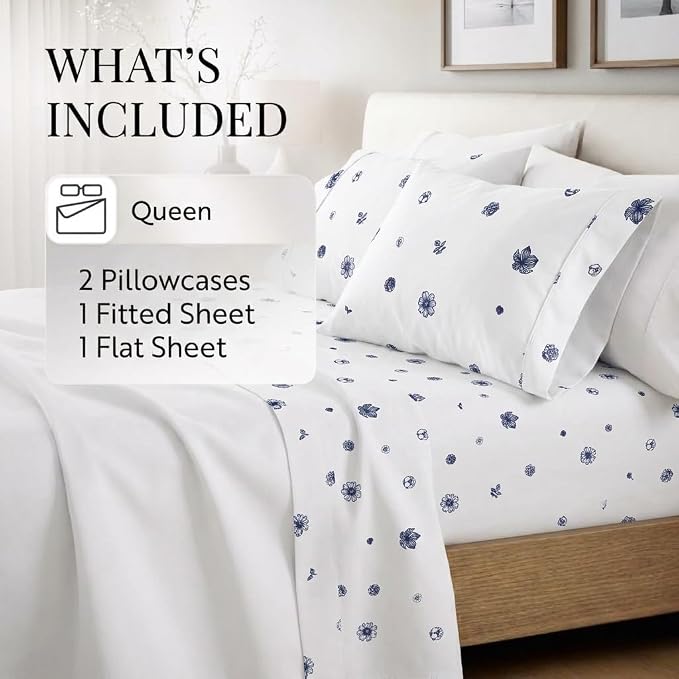 Linen Market Double-Brushed Patterned Microfiber Queen Sheet Set 4 Piece – Oeko-TEX Certified Ultra Soft & Wrinkle-Free - 16" Deep Pocket Sheets - Easy Care Queen Size - Indigo Flowers Navy