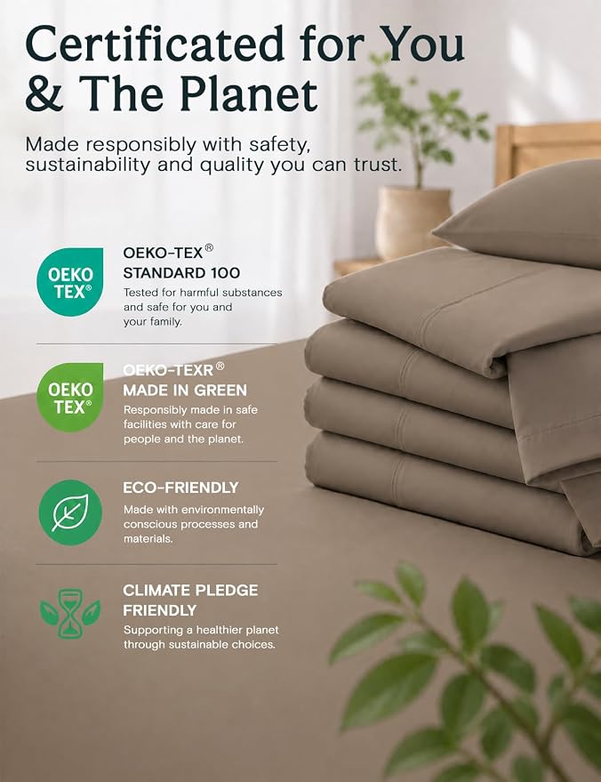 LuxClub 4 PC King Sheet Set, Deep Pockets Wrinkle Free Cooling Bed Sheets Hotel Bedding for Women, Men, Includes 1 Fitted Sheet, 1 Flat Sheet and 2 Pillowcases-Soft Dark Khaki | LuxClub Silky Fitted Sheet & Pillowcase Sets, Breathable Hotel Luxury Bedd...