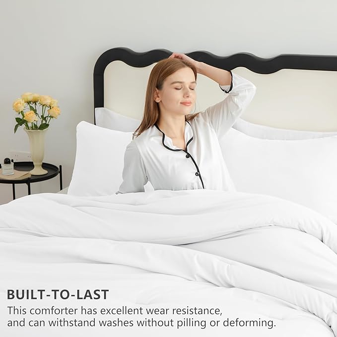 Full Comforter Set, 3 Pieces Down Alternative Bedding, White | 270 GSM All Season Comforter with 4 Corner Ties for Use as a Duvet Insert, OEKO-TEX Certified, 2 Pillowcases, 82 x 86 in