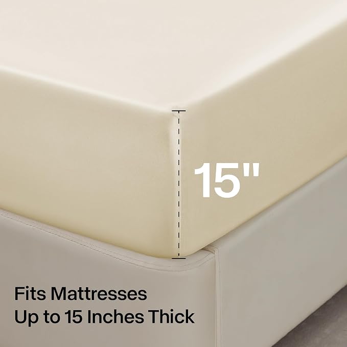 BEDELITE Satin Sheets California King Size Bed Set, Beige, 4 Pieces | Luxury Silky Bed Sheets, 15 Inch Deep Pocket, Similar to Silk, Soft and Cooling, Reduces Friction, Gentle on Hair and Skin