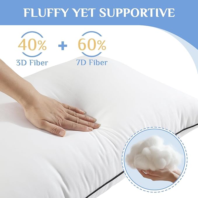 JOLLYVOGUE Pillows Standard/Full Size Set of 2, Hotel Collection Bed Pillows for Side, Back, and Stomach Sleepers, Fluffy and Supportive, Down Alternative Microfiber Filled Pillows, 2 Pack