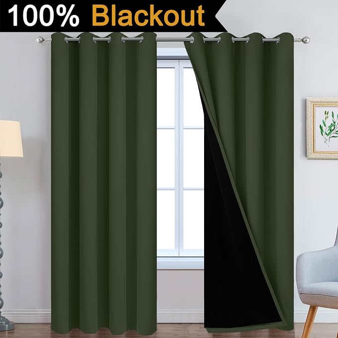 Yakamok Greyish Green 100% Blackout Curtains 96 Inches Long 52" Wide, 2 PCS | Blackout Curtain Panels for Bedroom, 2 Thick Layers Grommet Top Thermal Insulated Drapes with Black Liner for Living Room